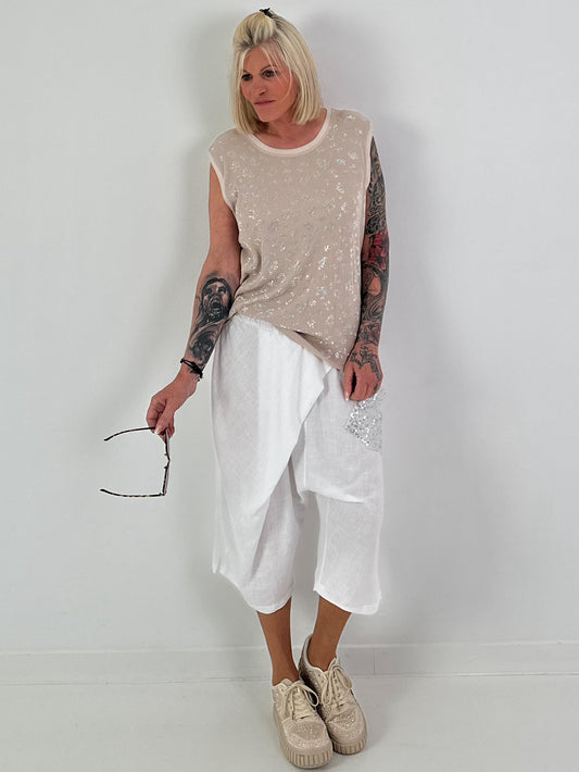 Ripp Top mit Glitzer Leo - beige