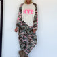 Sweater with camouflage sleeves and 3D print - beige-olive-multi-coloured