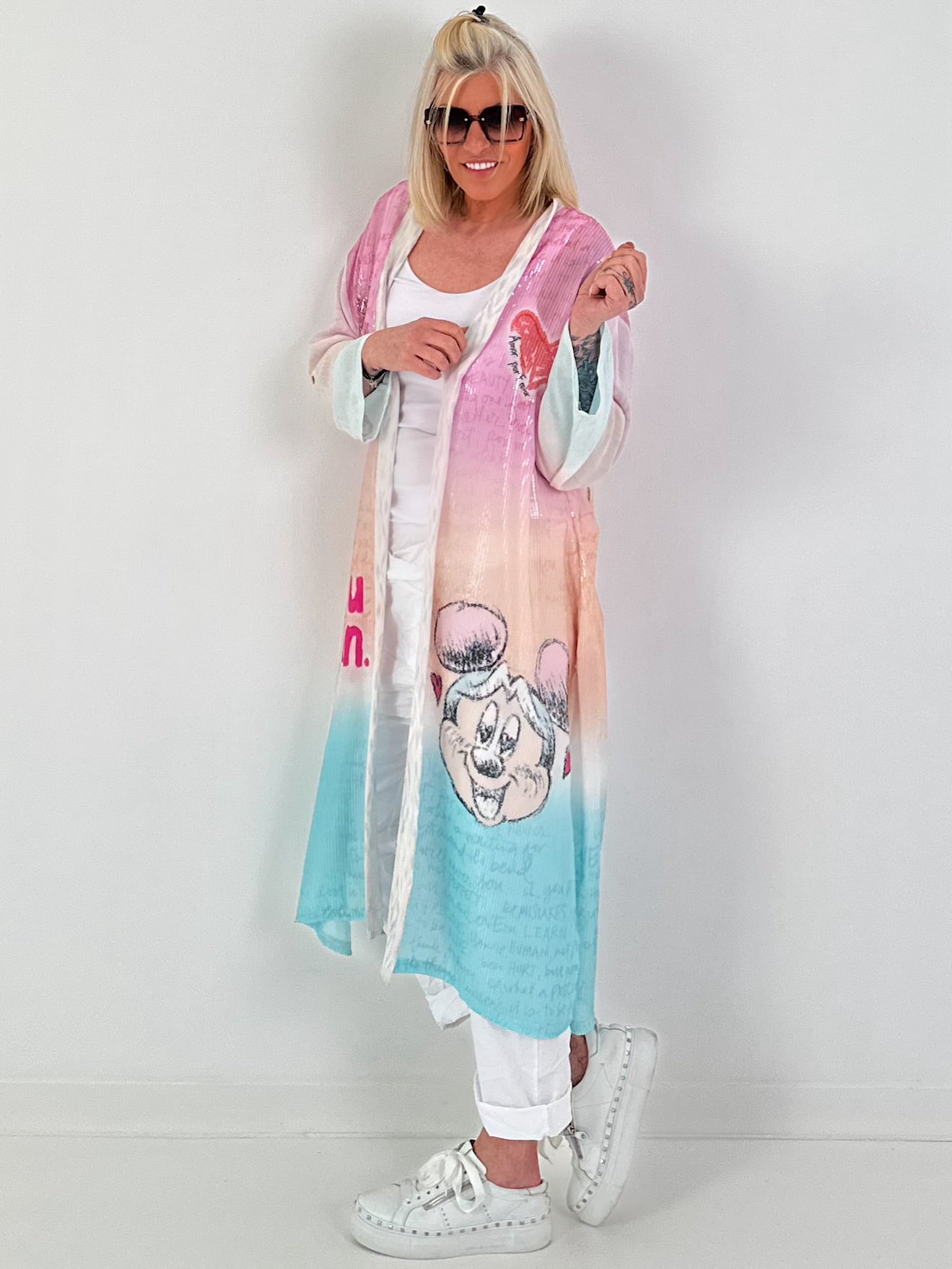 Mantel mit Pailletten und Print-Mix - weiss-rosa-mehrfarbig