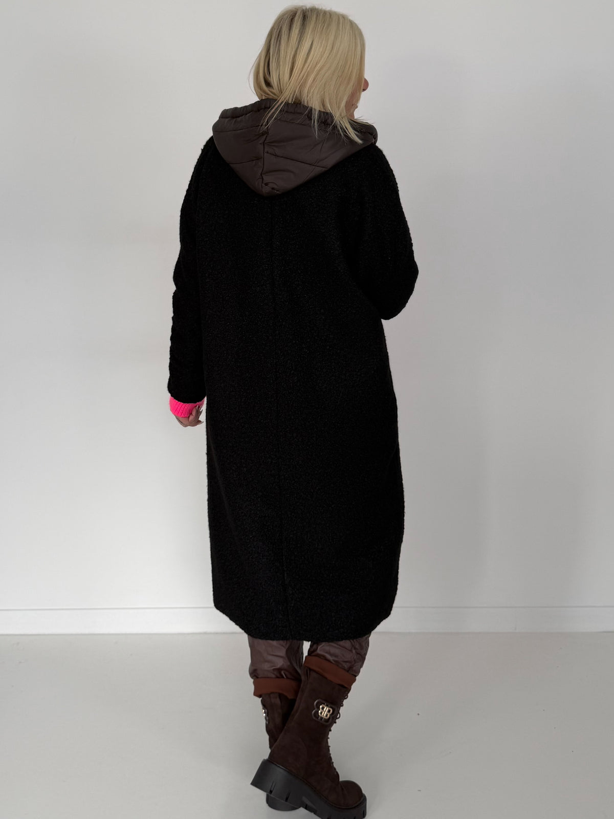Coat with teddy curl look and neon accents - black