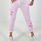 Trousers with crocheted flower inserts - pink