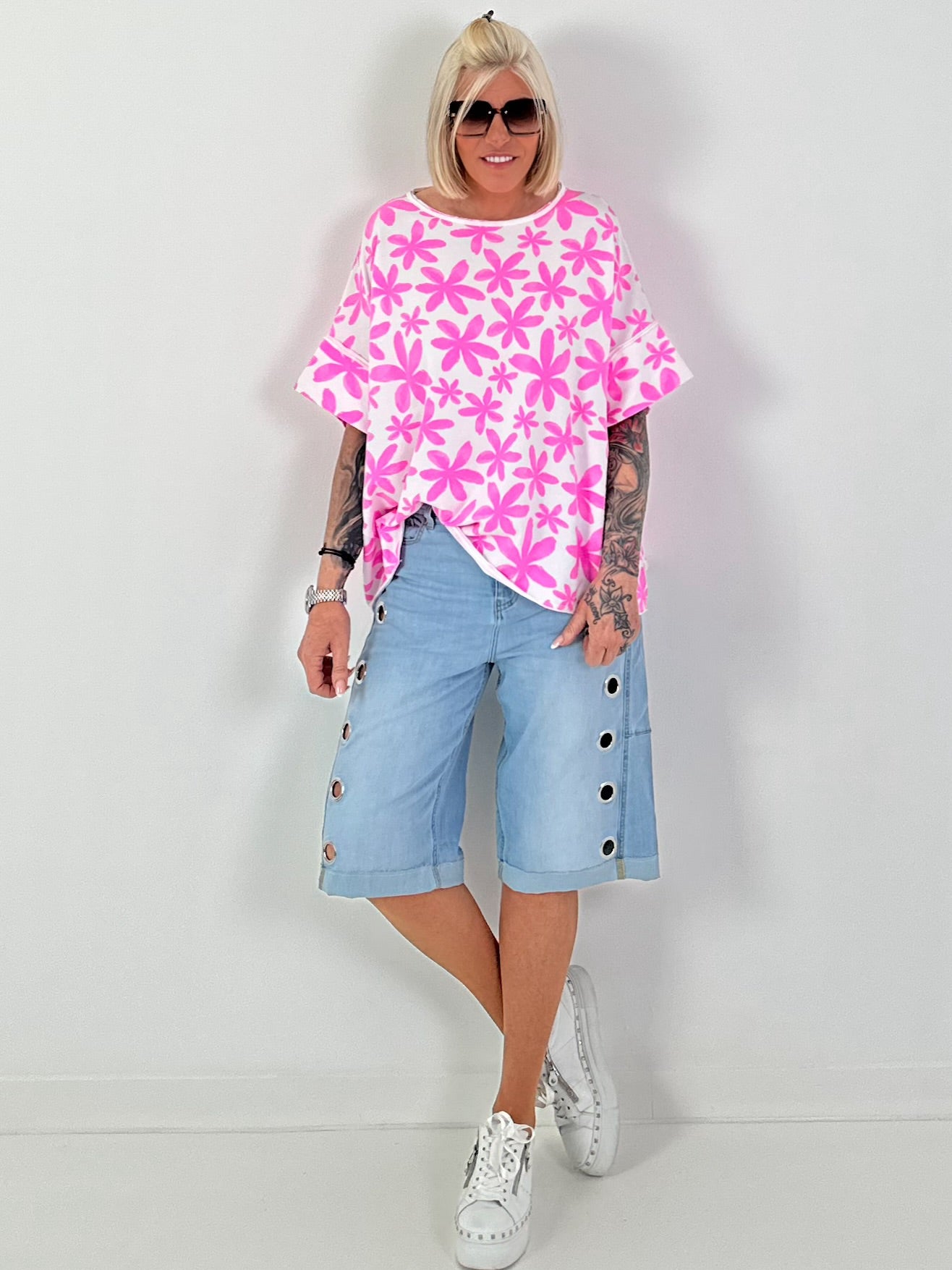 Sweat T-Shirt mit floralem Muster - weiss-neonpink