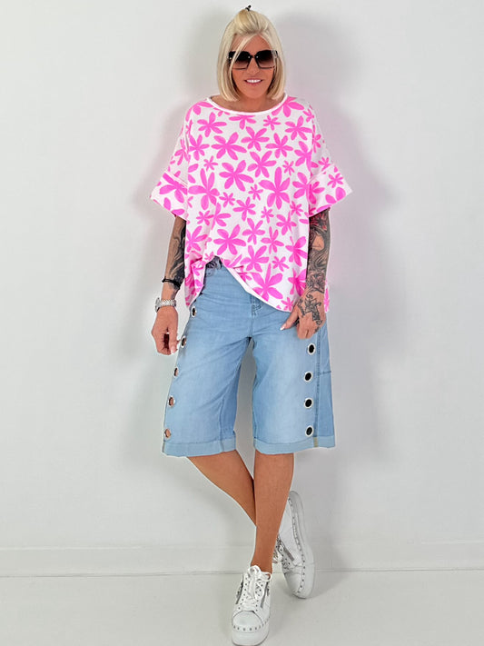 Sweat T-Shirt mit floralem Muster - weiss-neonpink