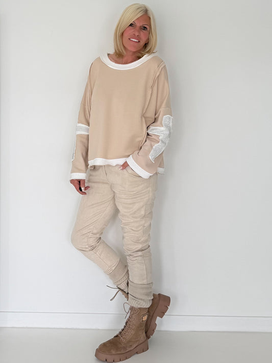Oversized Sweater mit Strasskreuz - beige-ecru