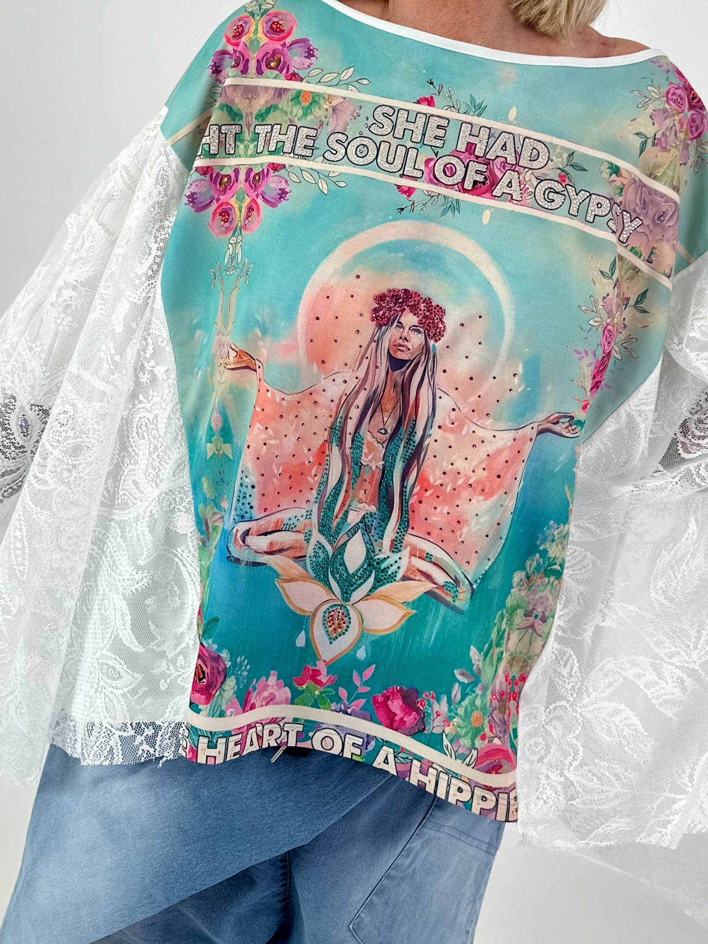Shirt met print en kanten overlay - turquoise-wit-multicolor