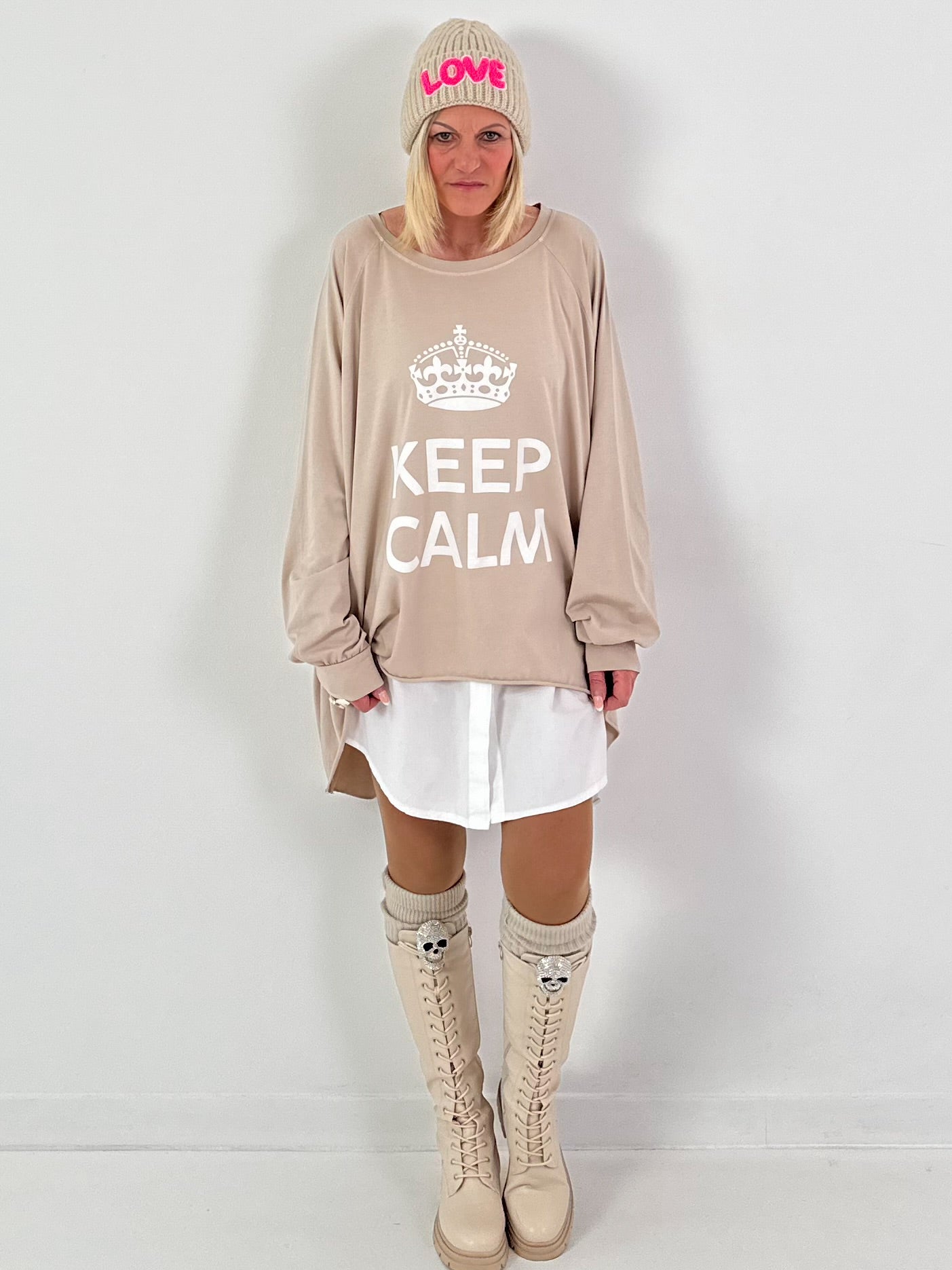 Oversized shirt model "KEEP CALM" - beige