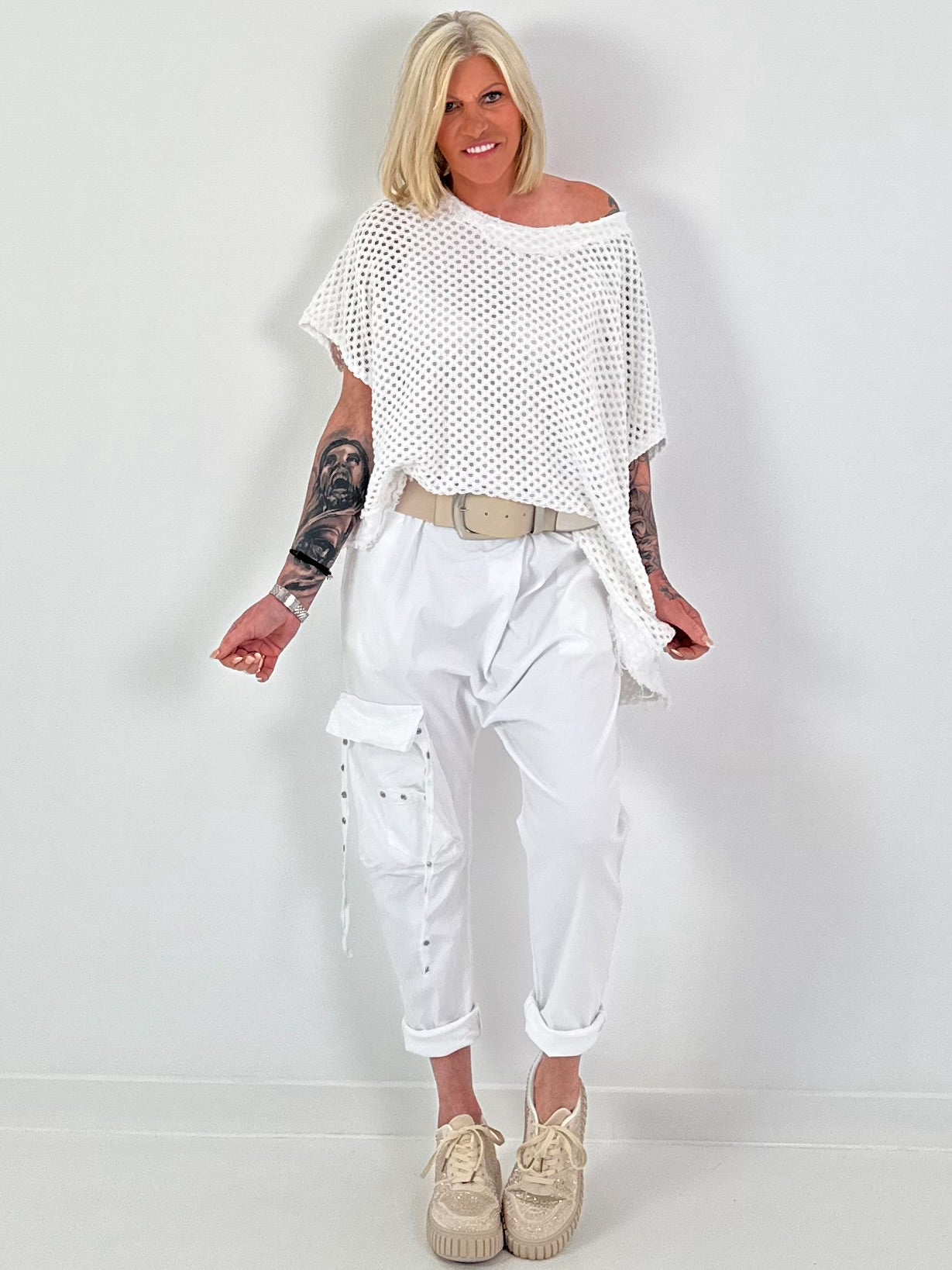 Baggy broek met opgestikte cargozak - wit