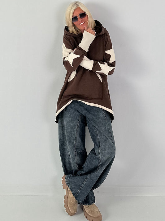 Lässiger Long Hoodie mit Daumenloch und trendigen Sternenelementen - schoko
