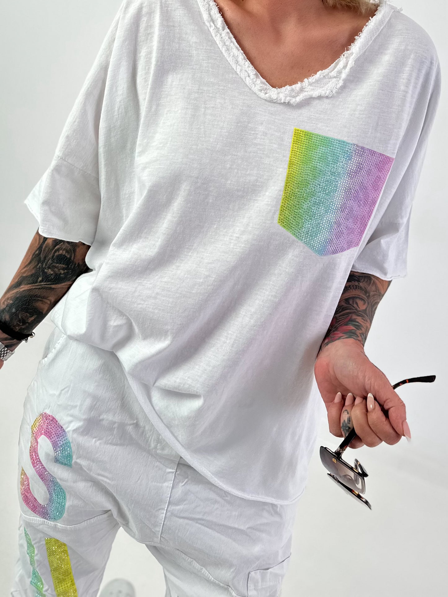 T-Shirt mit Glitzer-Patch - weiss