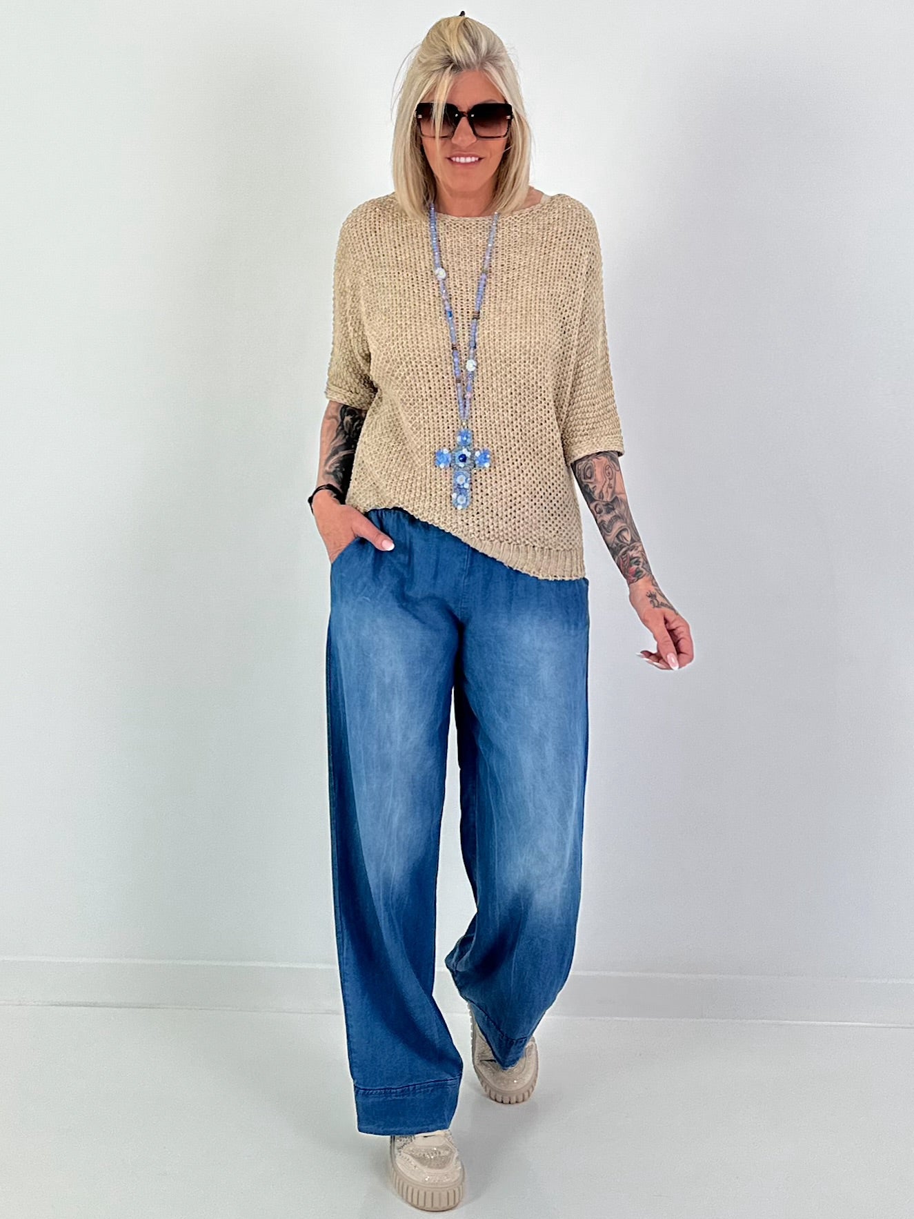 Häkelpulli mit eingearbeiteten Pailletten - beige