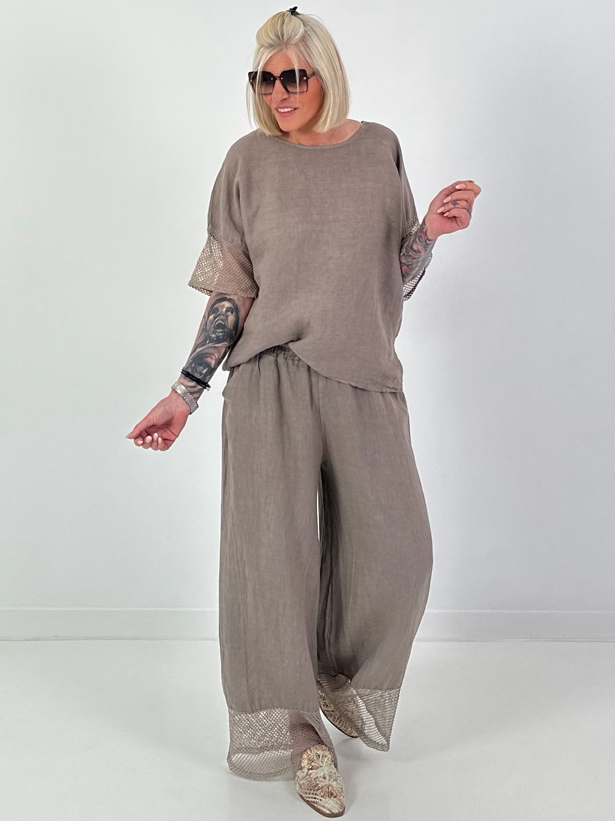 Leinen Shirt mit kurzen Ärmeln - taupe