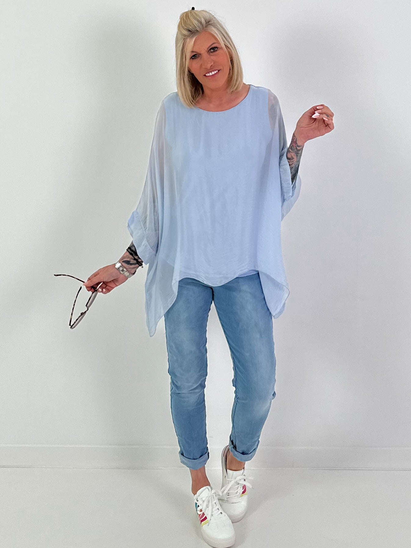 Silk Tunic with Integrated Under Top - Light Blue