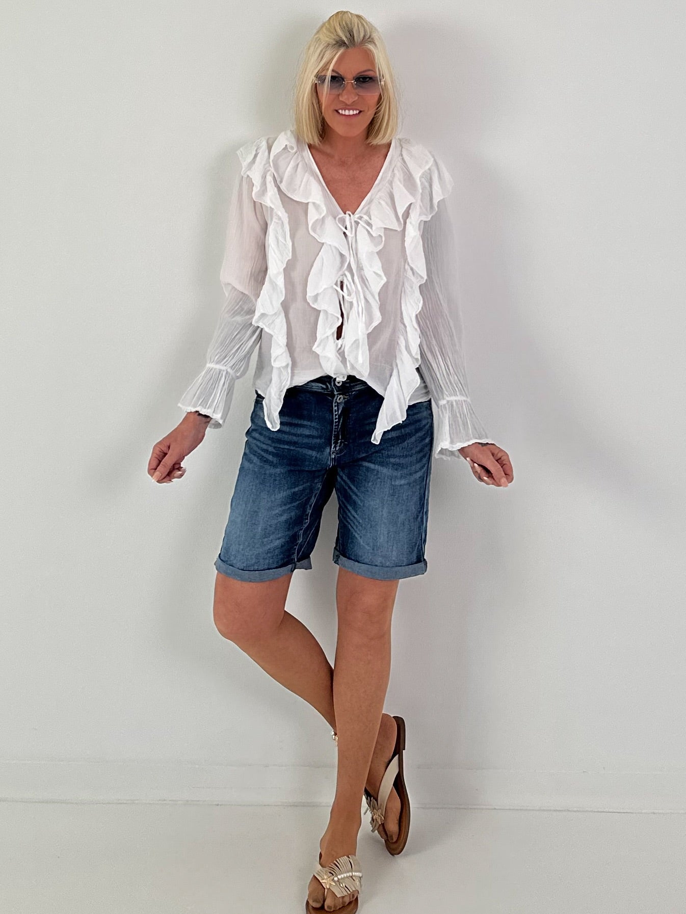 Tunic with Tie and Ruffles - White