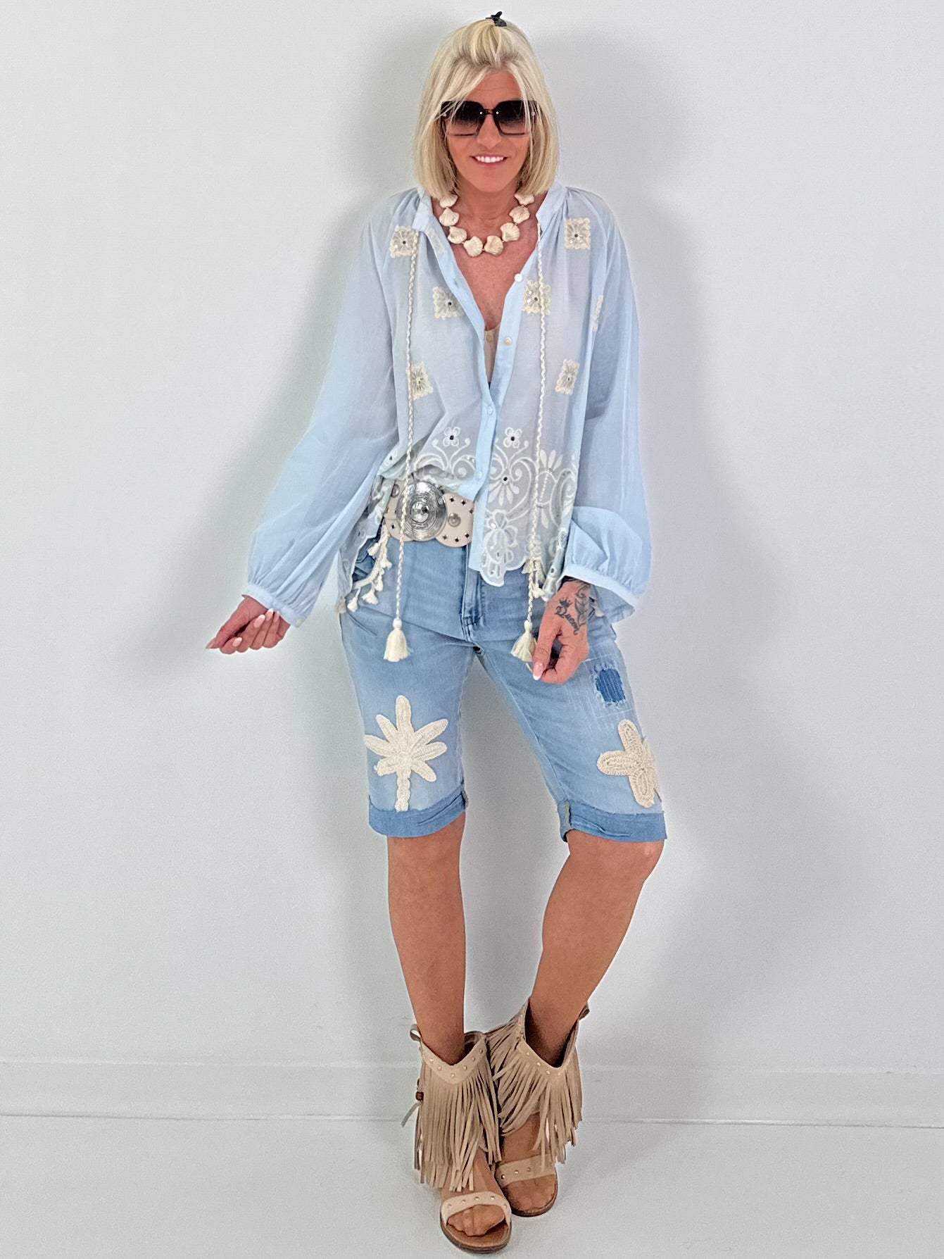 Boho Blouse with Elaborate Details - light blue