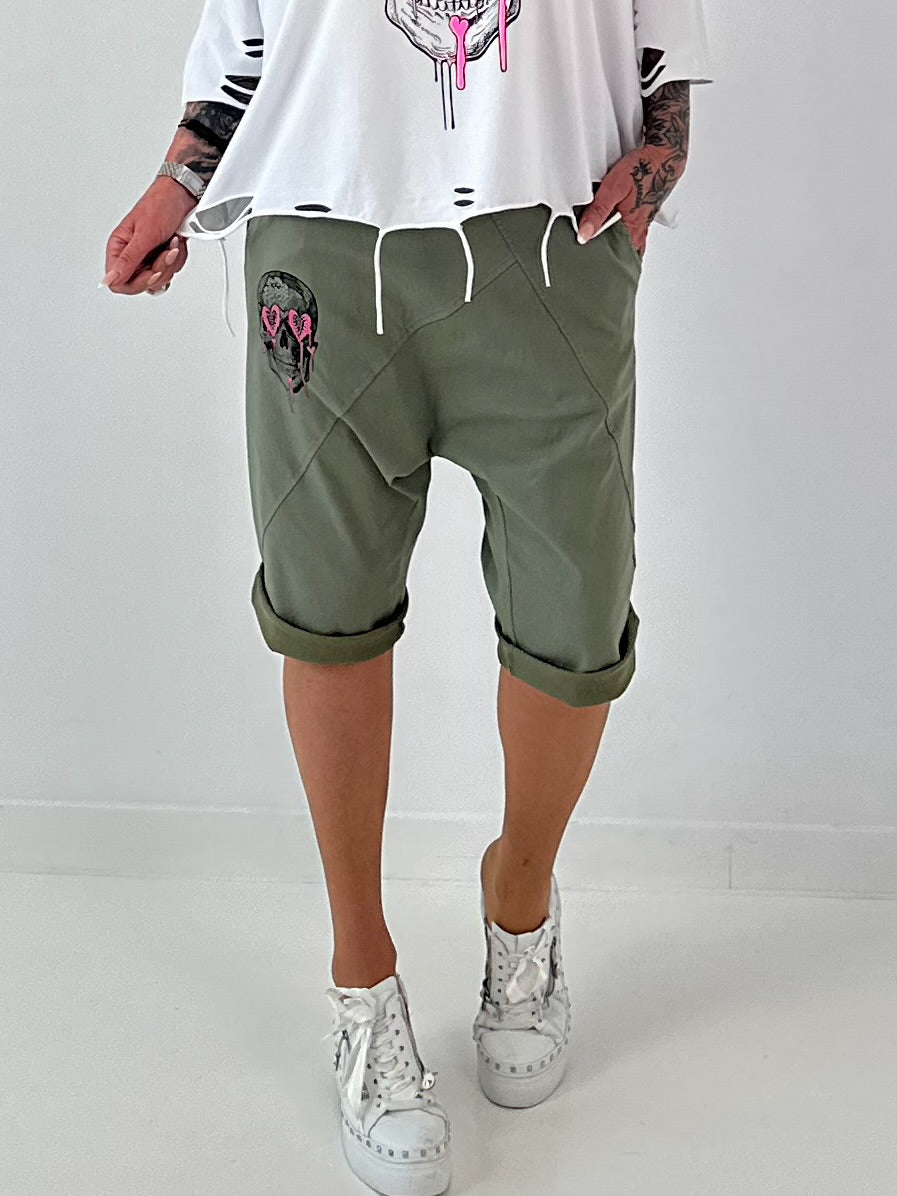 Kurze Baggy mit breiten Nähten -khaki
