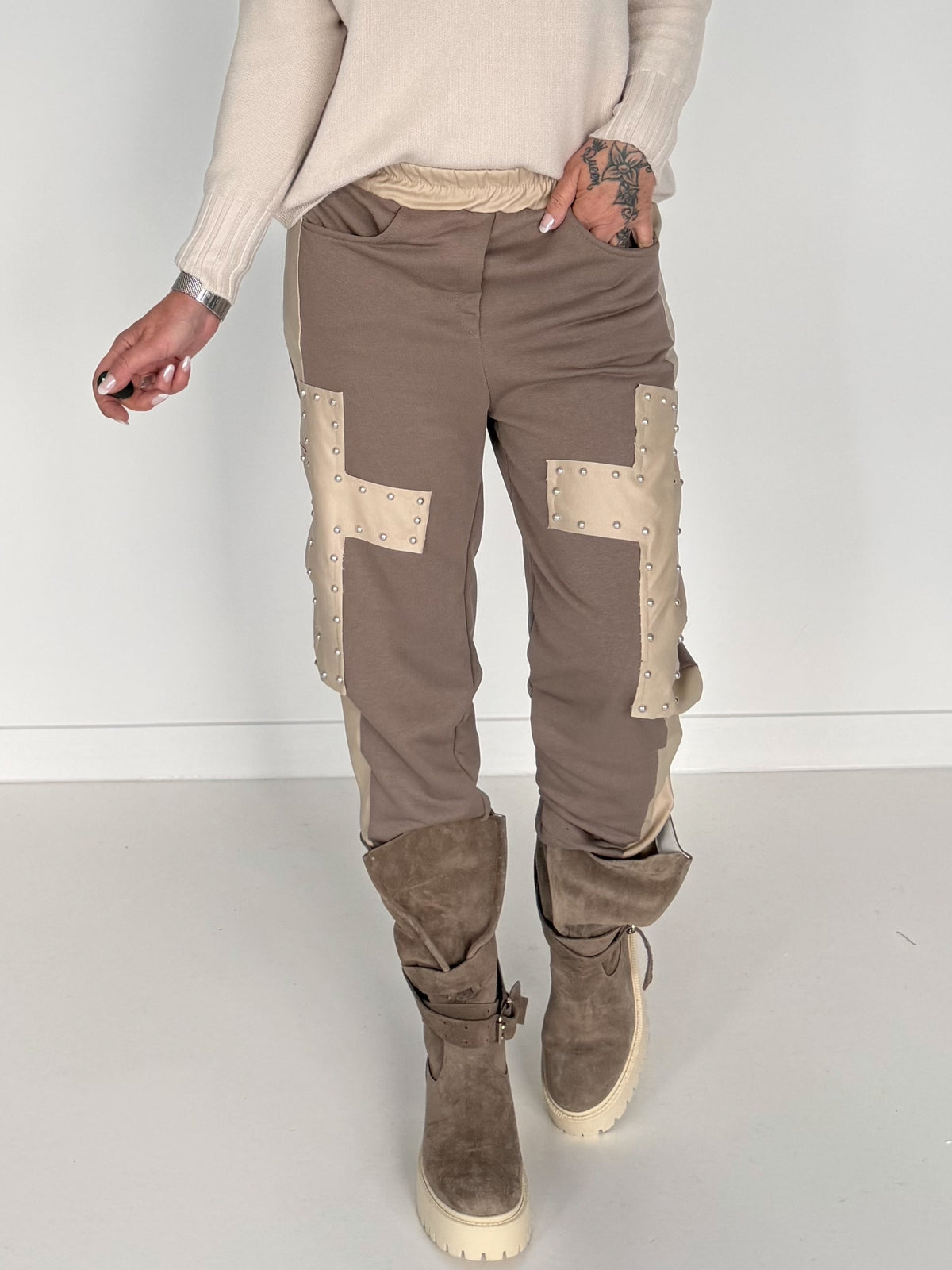 Sweathose im Materialmix - taupe-beige