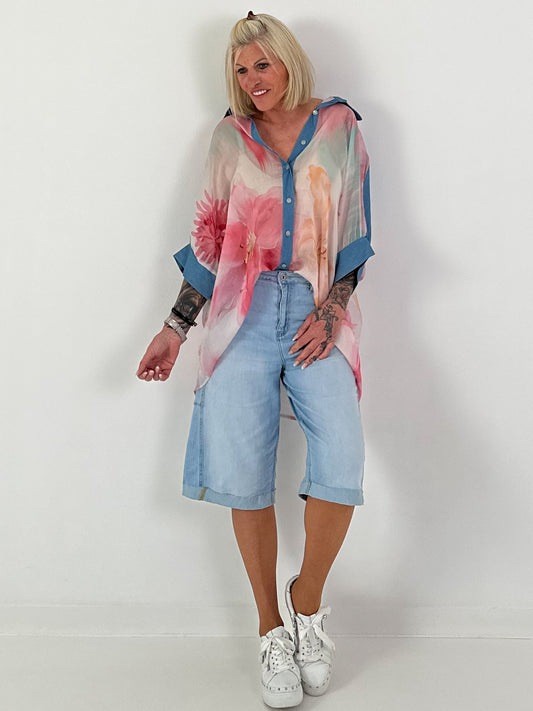 Oversized blouse with floral print - denim pink