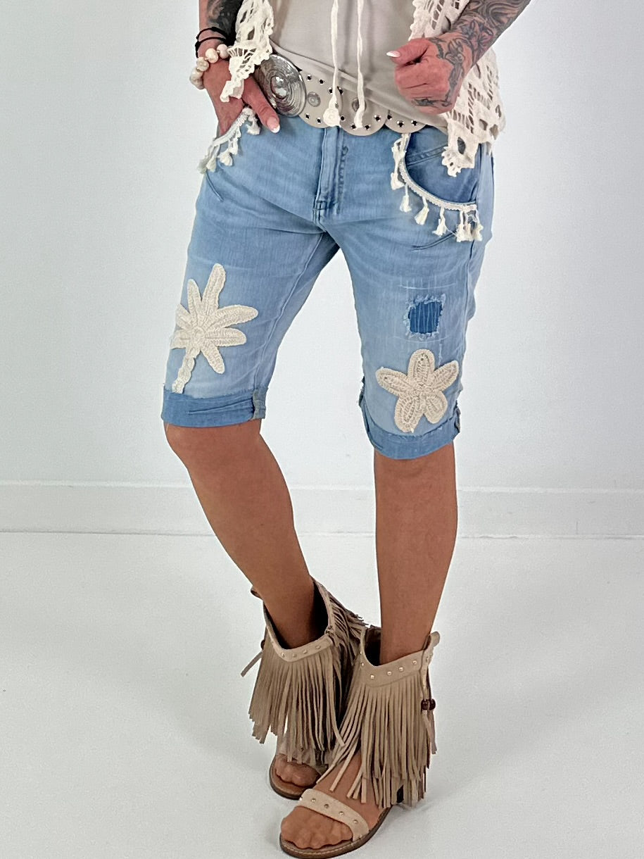 Denim Shorts with Crochet Patches