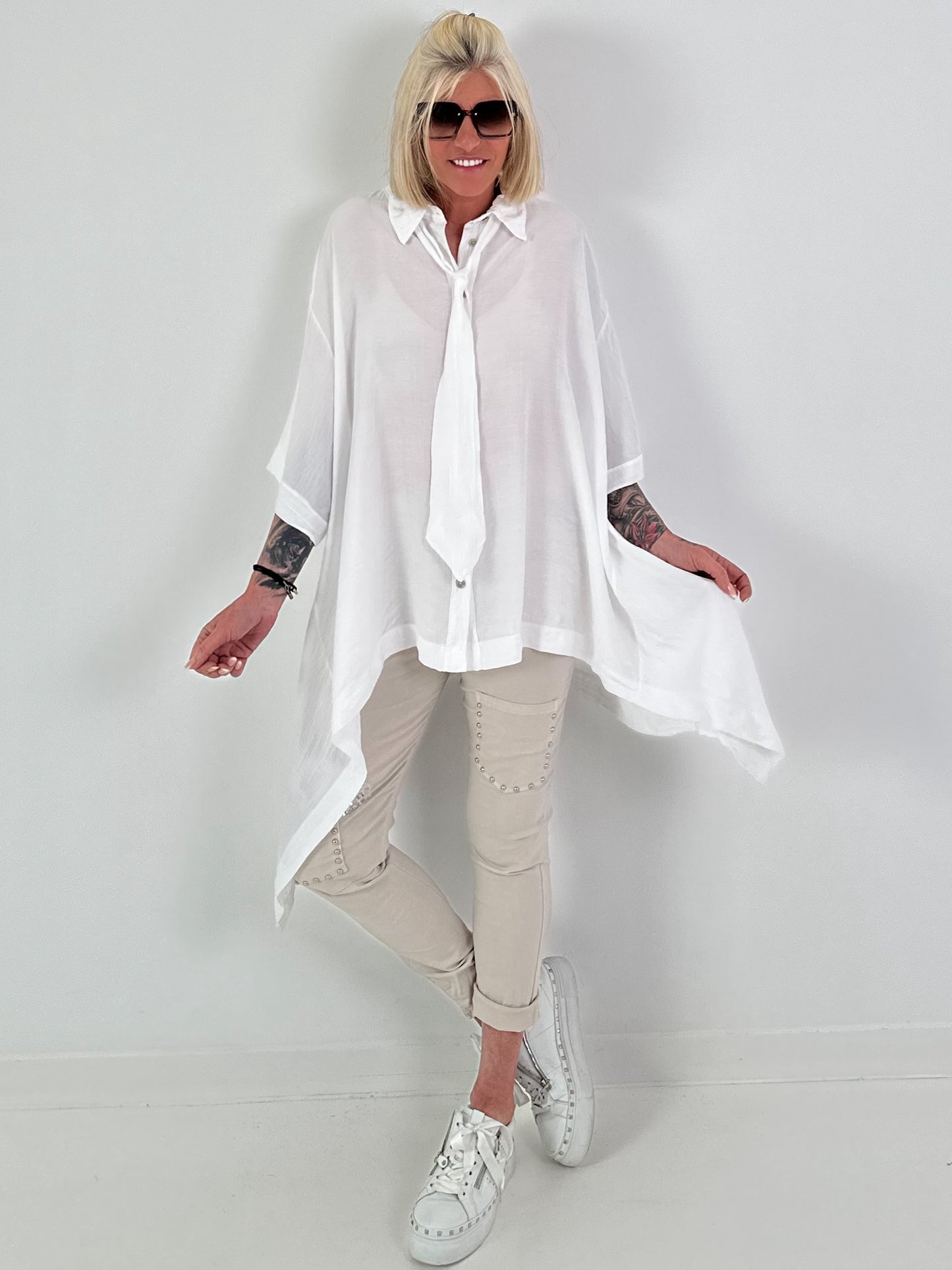 Oversized asymmetrical blouse with tie - white
