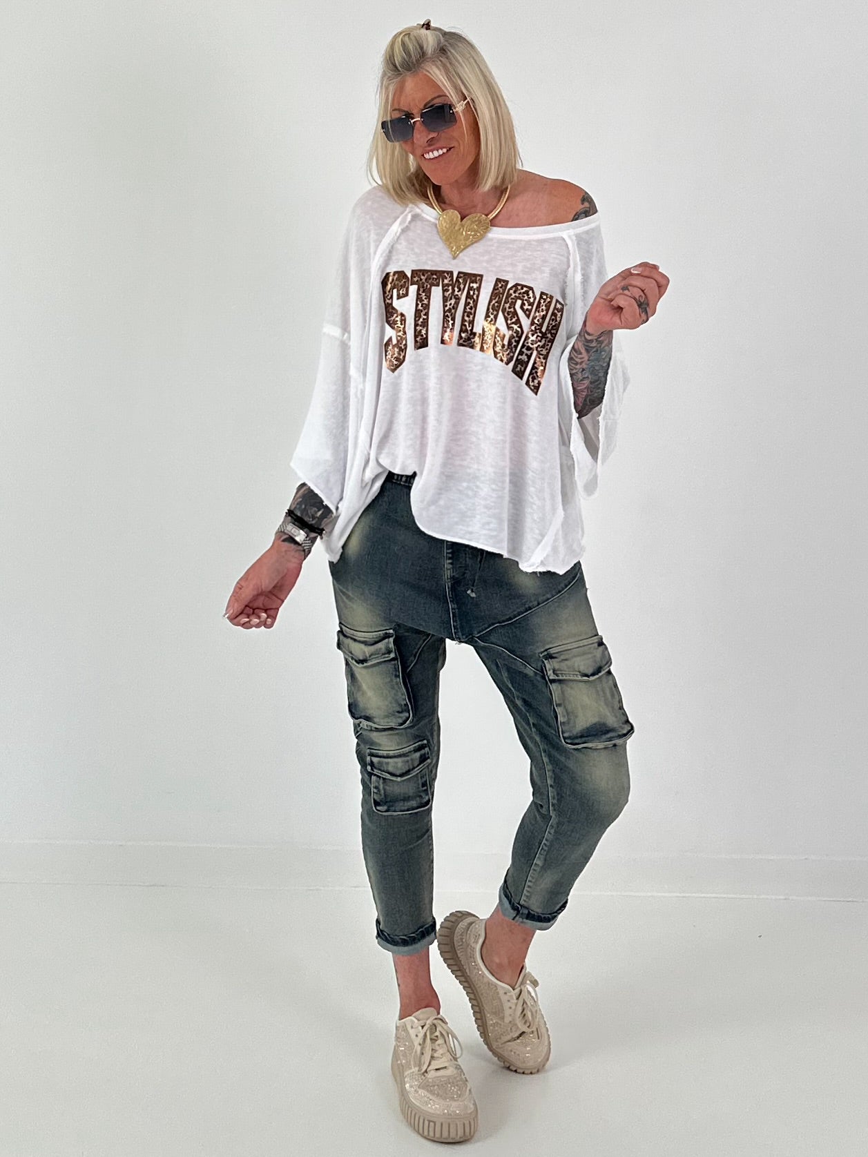 Strick Shirt mit Leo-Print - weiss