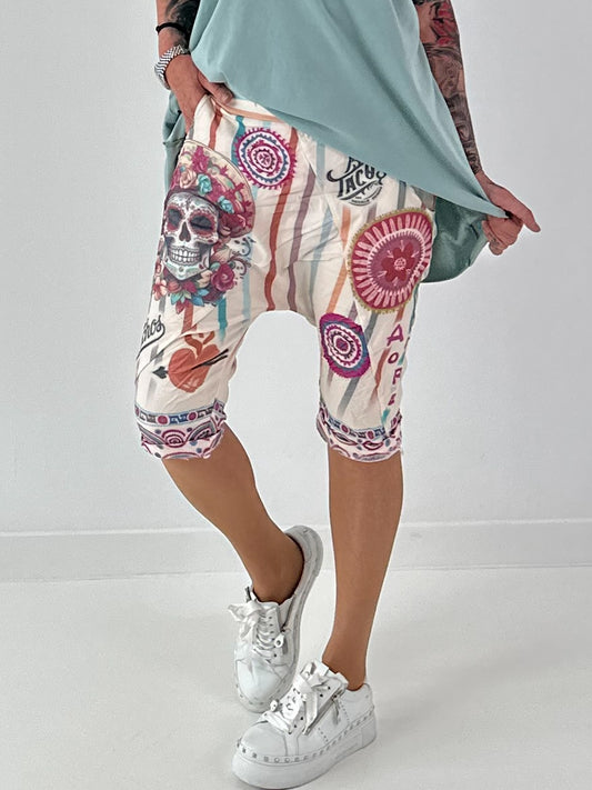 Korte Baggy met strepen en skull-print - salie-roze-multicolor