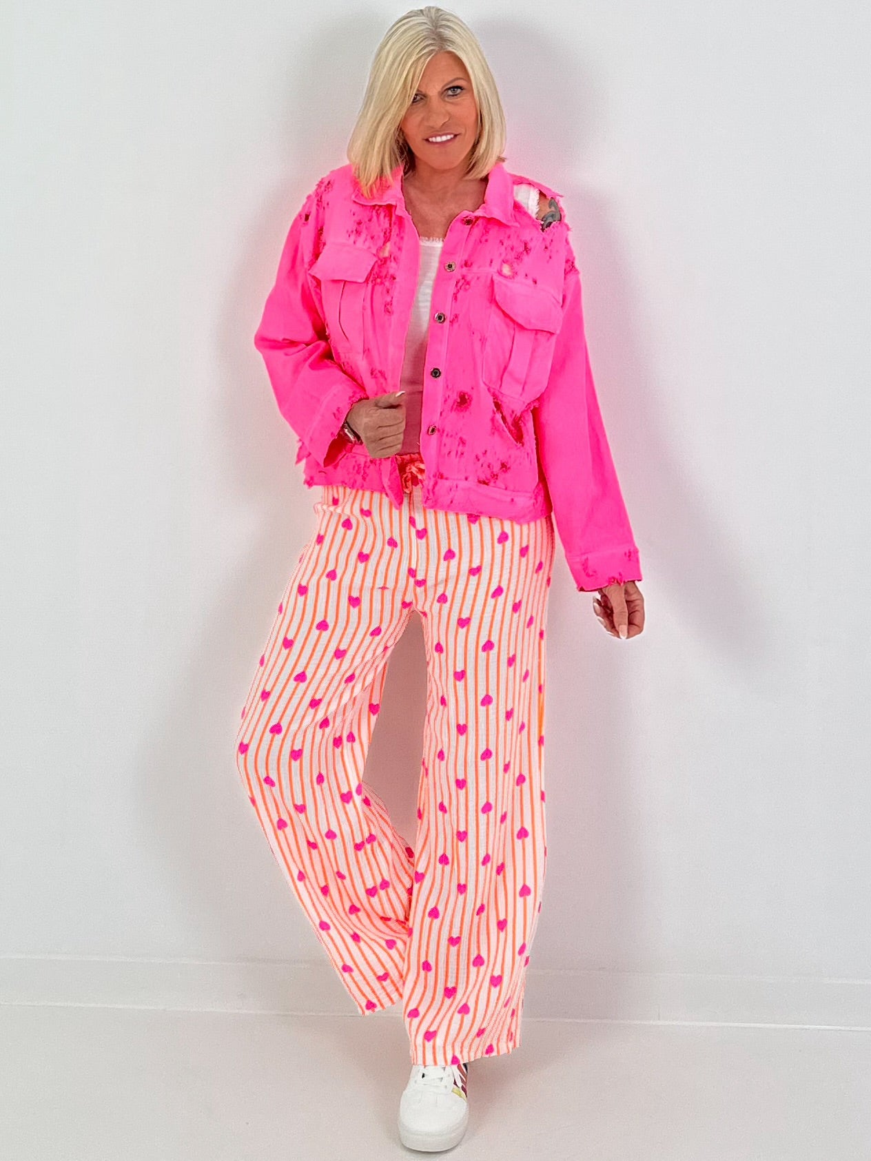 Musselin Hose mit Streifen - neonorange-weiss-pink