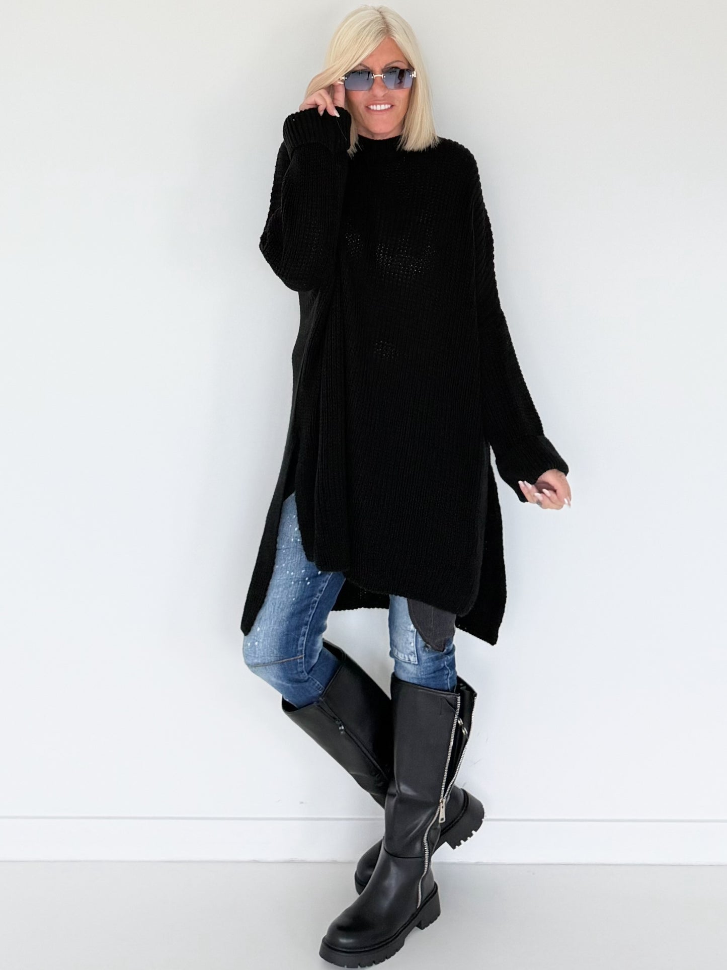 Long Strickpullover - schwarz