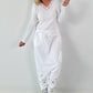 Ribbed V-neck Shirt with Lace Details - White