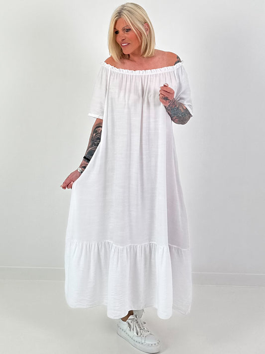Kleid mit Rüschenkragen und Volantsaum - weiss