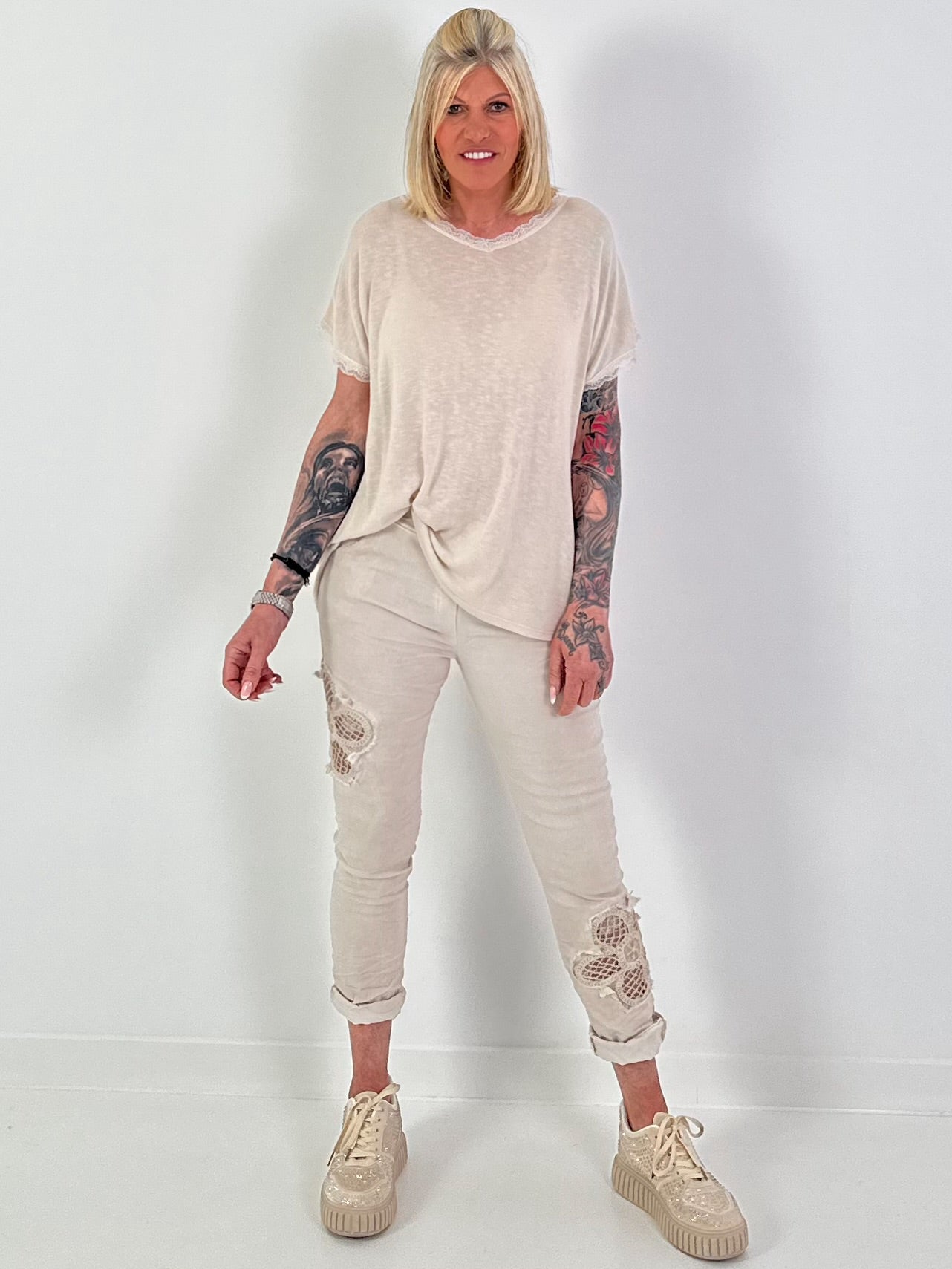 T-Shirt mit Rückenschleife - beige