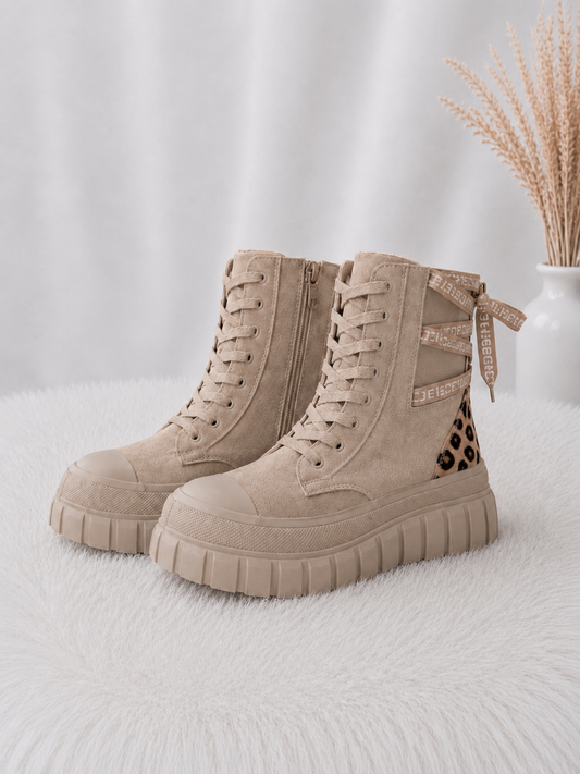 High-top sneakers in a suede look - beige leopard print