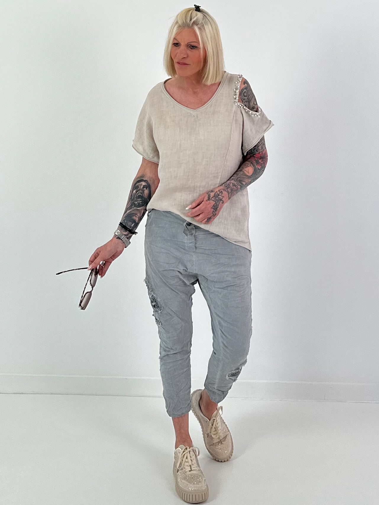 Linen Shirt with Cut-Out - beige