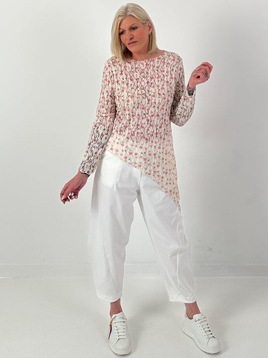 asymmetrisches Spitzenshirt mit Blumen - creme-rosa