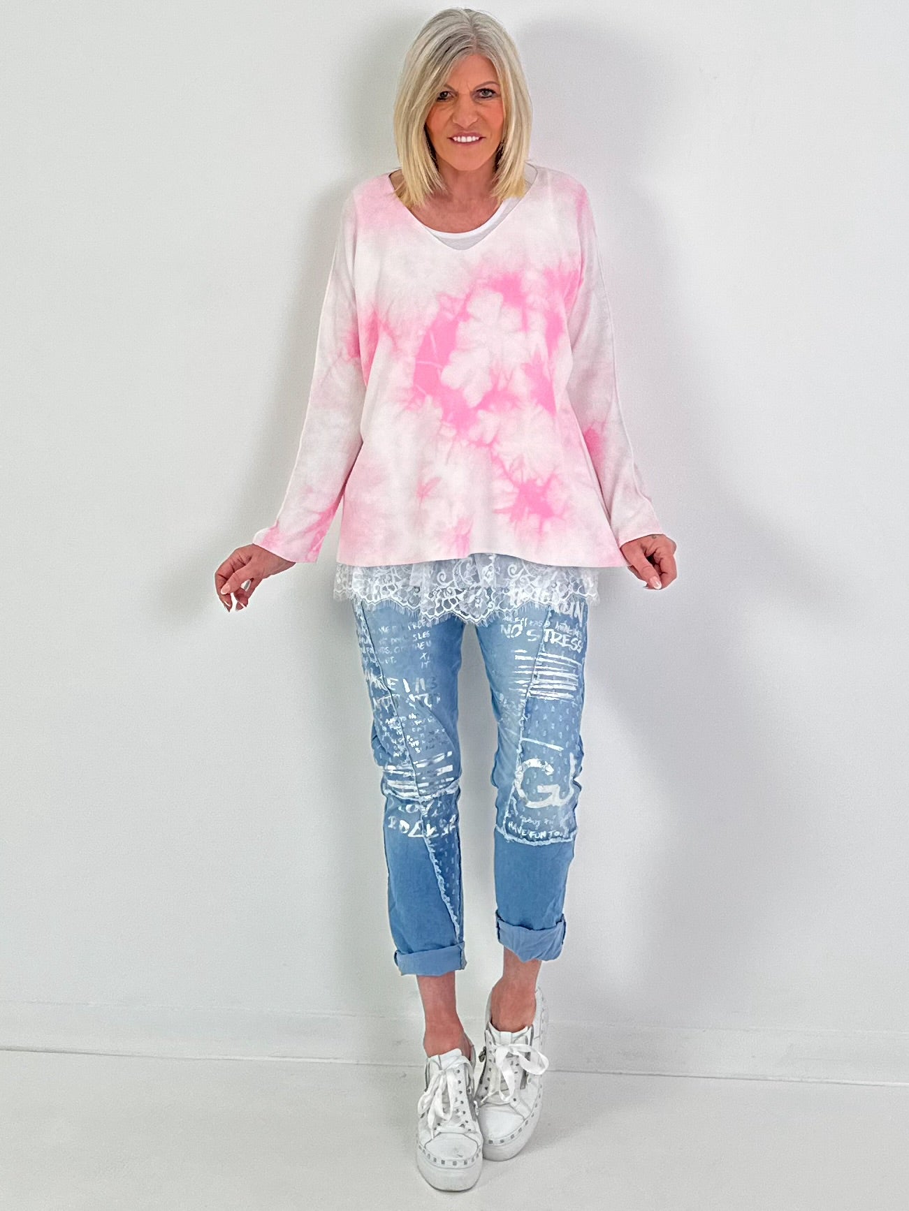 Pullover Batikmuster - weiss-rosa