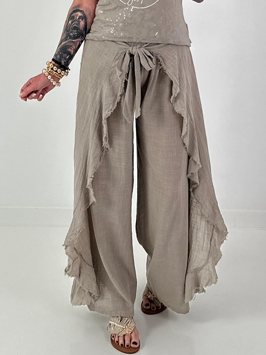 Wijde broek met bindstrook - taupe