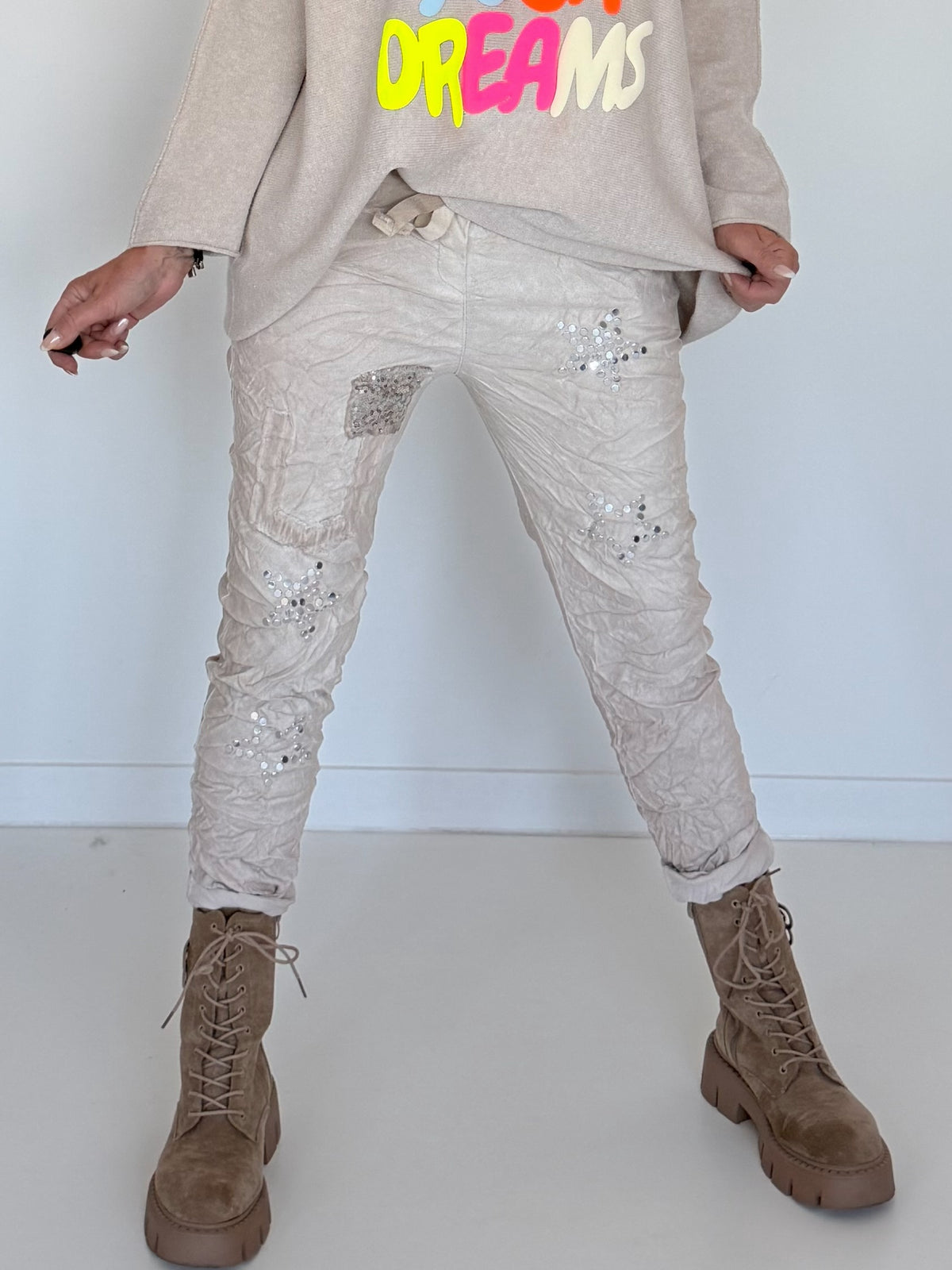 Broek van materiaalmix - beige