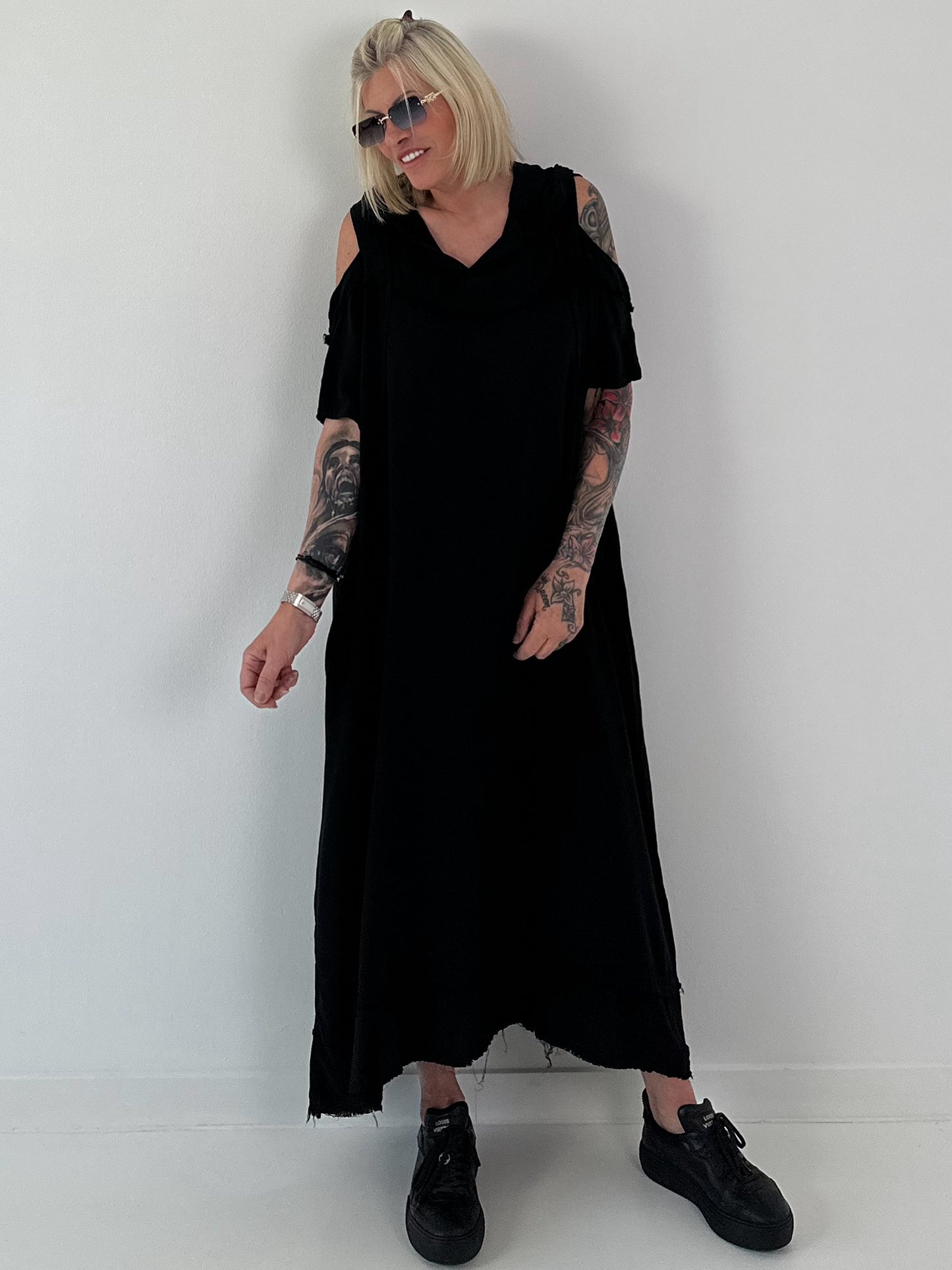 Black dress with cold shoulder and hood