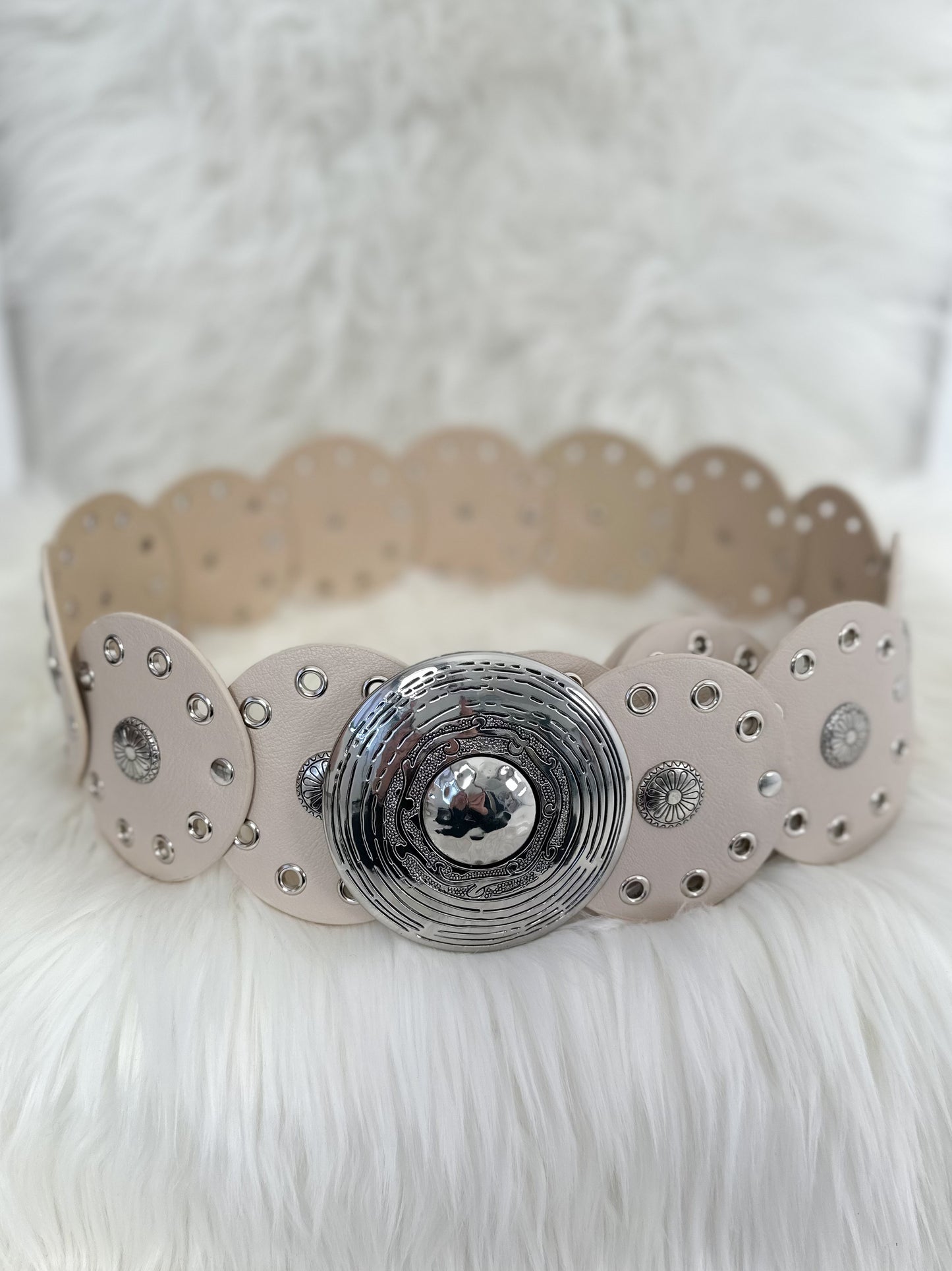 Decorative belt with stud and eyelet details - beige