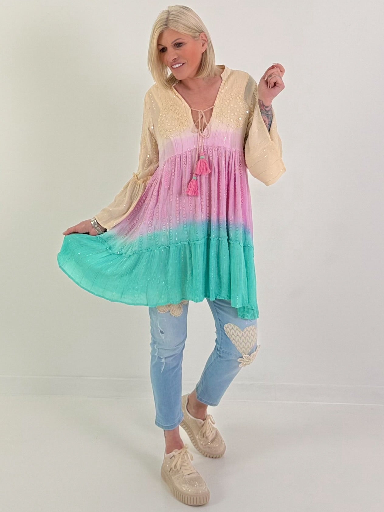 Ibiza Tunika/Kleid mit Lurexnähten - beige-rosa-türkis
