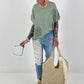 Linen shirt with appliqué crochet flowers - khaki