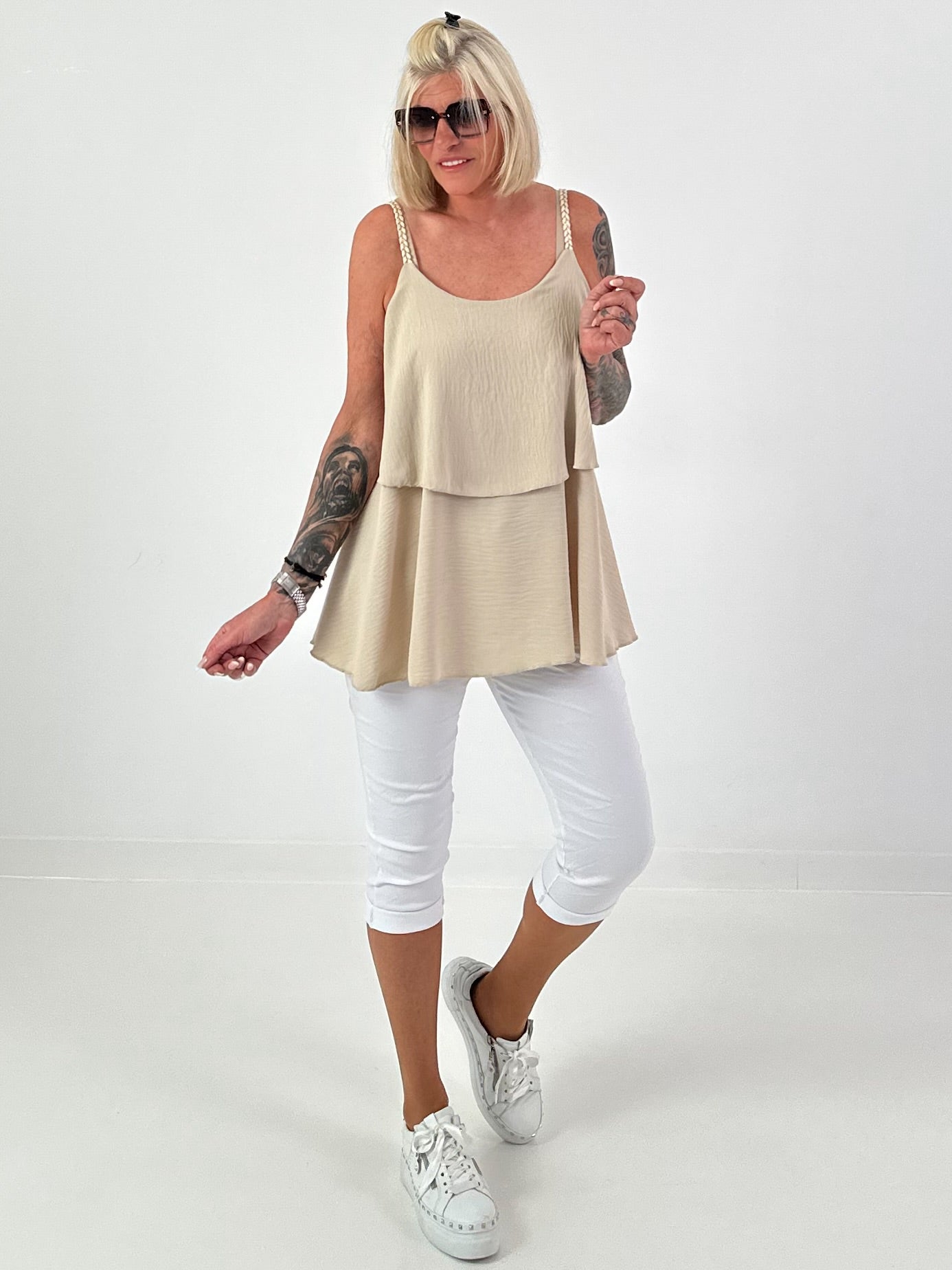 Layered Top with Braided Straps - beige