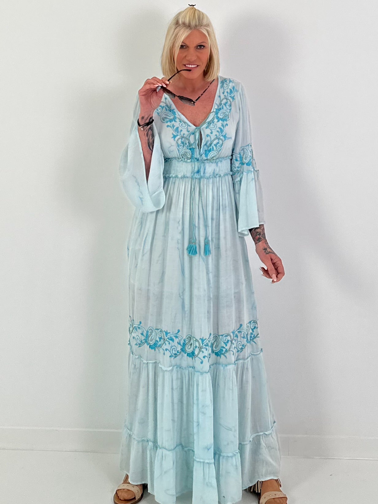 Boho/Ibiza dress with decorative V-neck - light blue