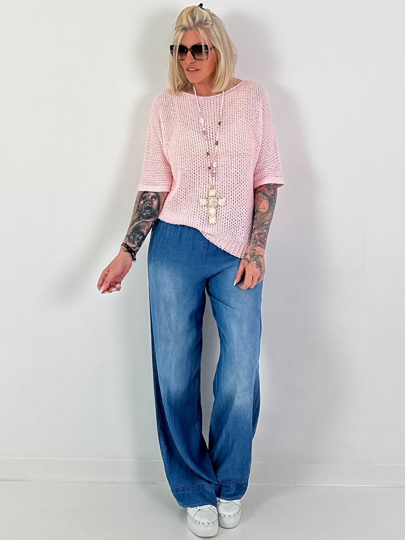 Häkelpulli mit eingearbeiteten Pailletten - rosa