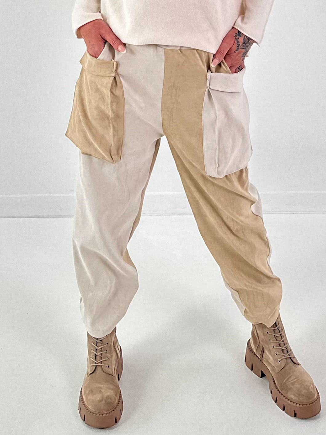 Suede-look trousers, model "Dual Harmony" - ecru-beige