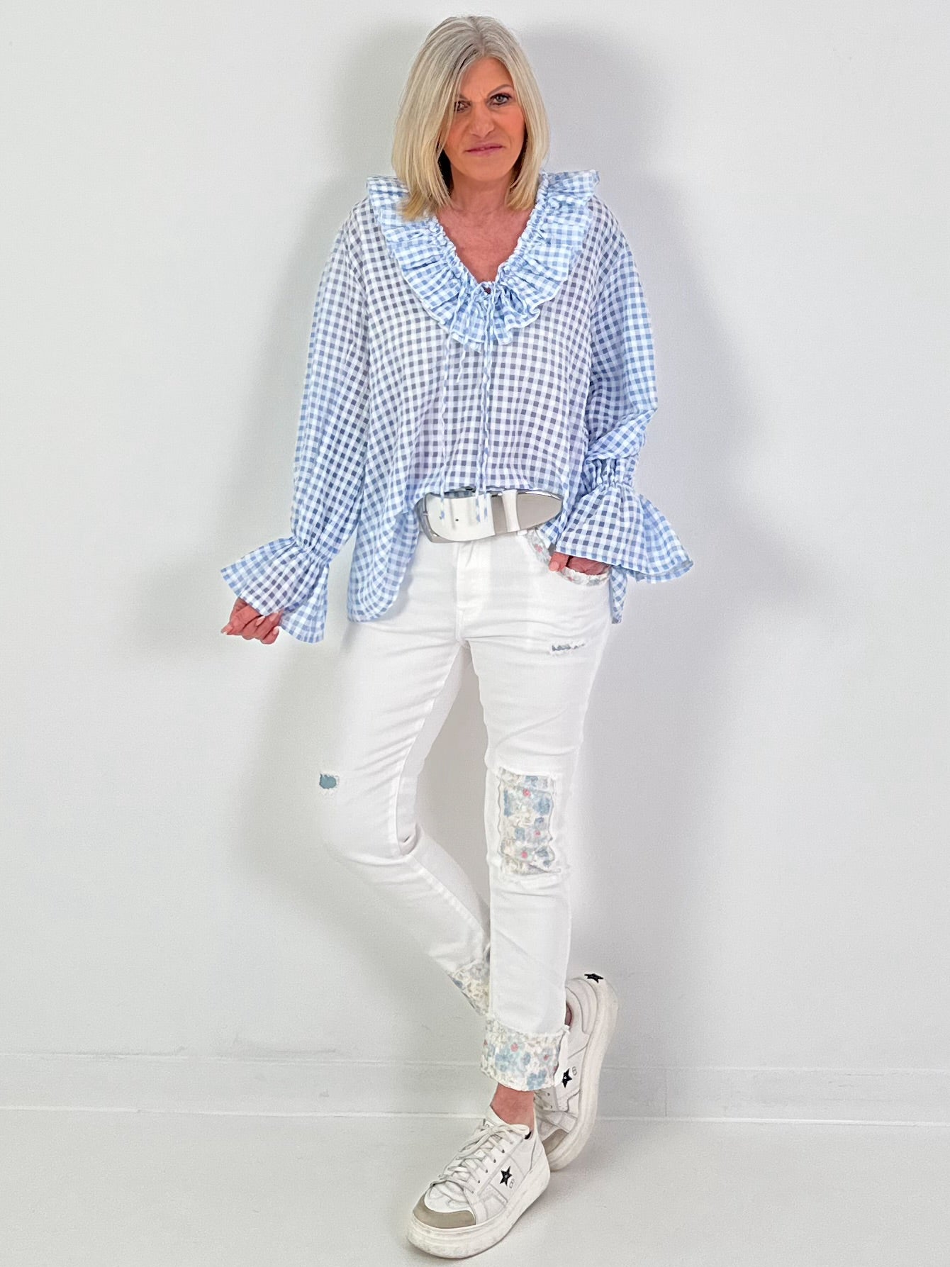 Oversized Tunika mit Vichy Muster - hellblau-weiss