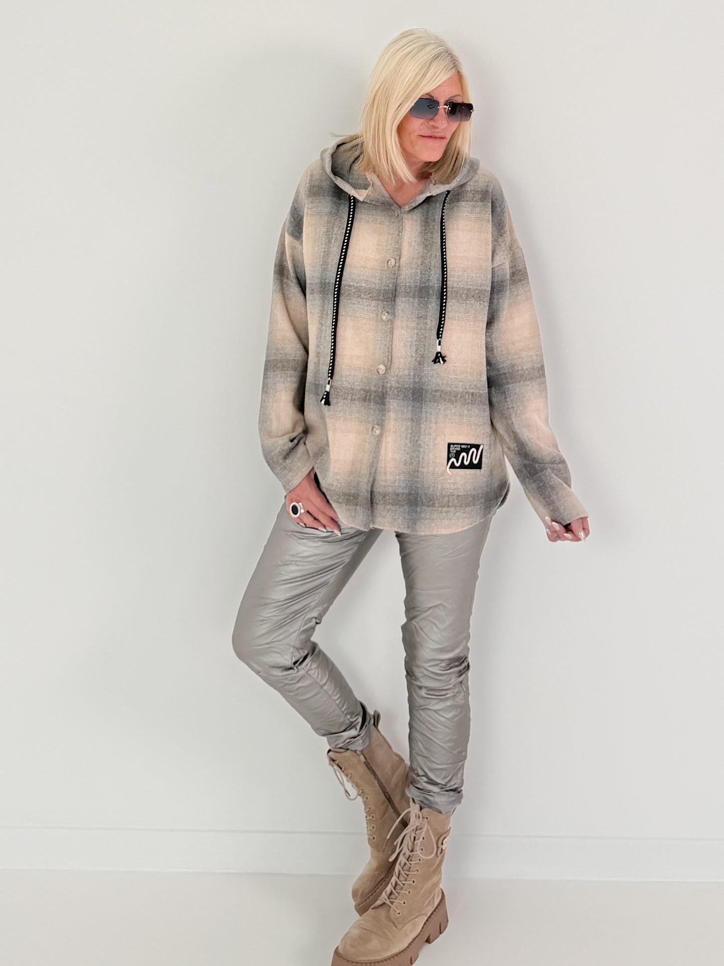Checked shirt jacket with hood - beige-grey-multi-coloured