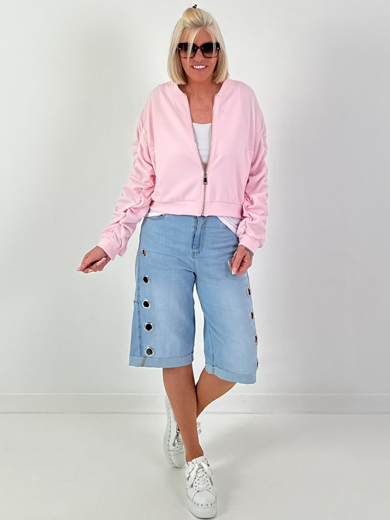 Bomber jacket with ruched sleeve - pink
