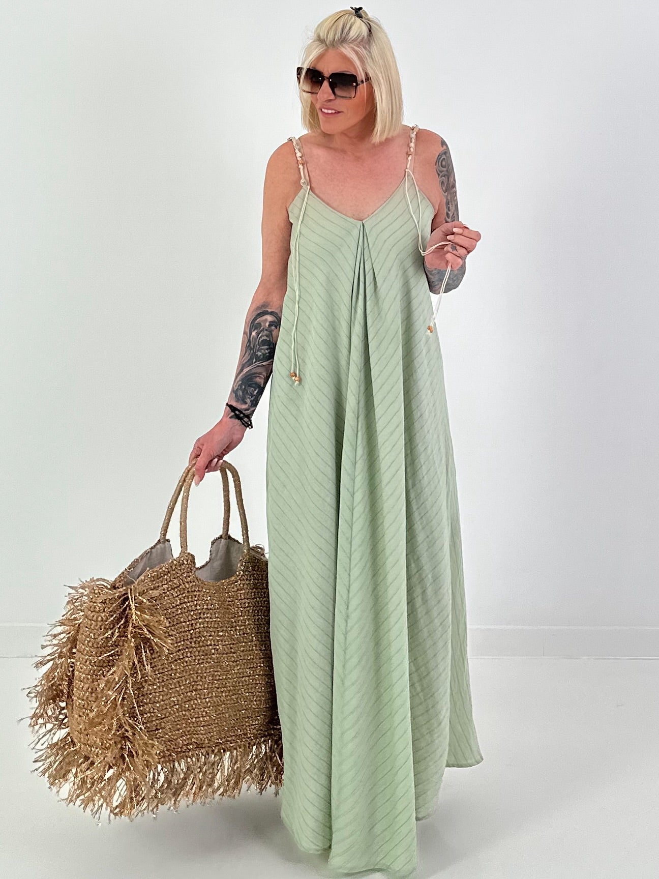 Dress with decorative straps and striped pattern - khaki