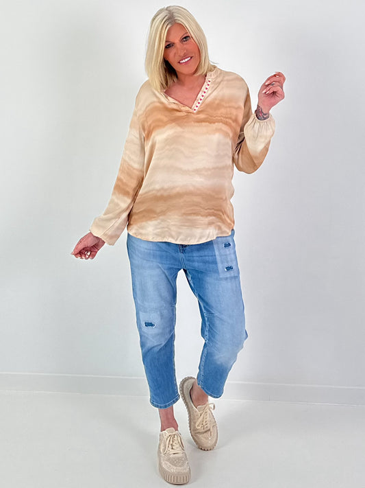 Silk tunic with gradient and heart details - beige multi-colored