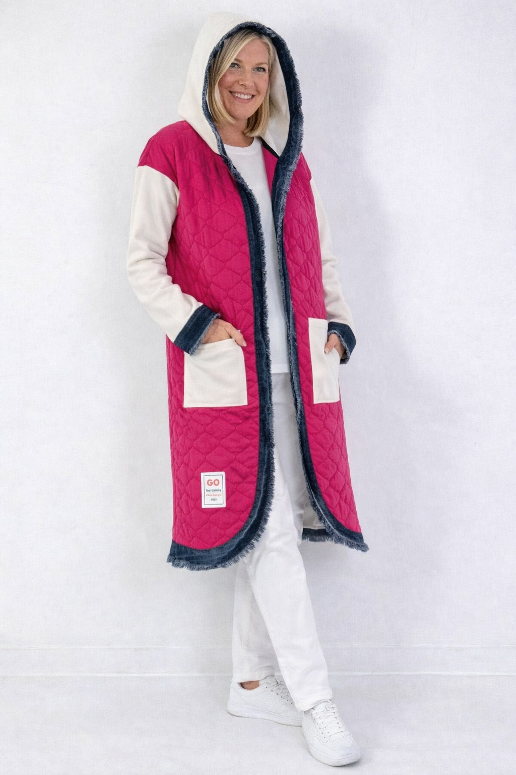 Sweatmantel mit Kapuze und Steppfront - beige-pink